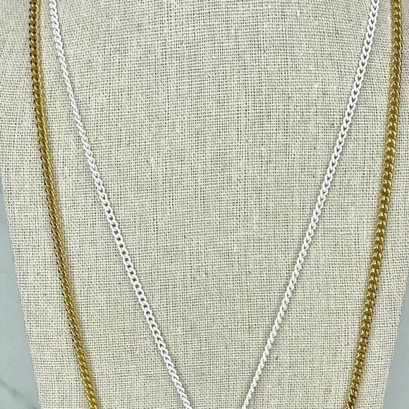 White and Gold Tone Double Strand Pendant Chain Link Necklace - Picture 5 of 6
